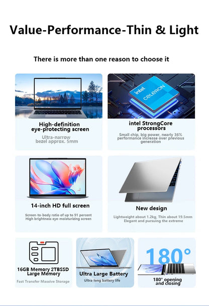 Notebook 14,1 Pollici Sottile Con Display Full HD 1920x1080 16GB RAM 2TB SSD Windows 11