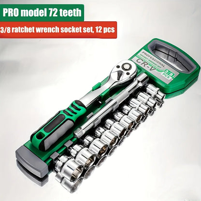 Set Chiavi A Cricchetto 72 Denti 12 Pezzi Con Impugnatura Reversibile Per Manutenzione Auto