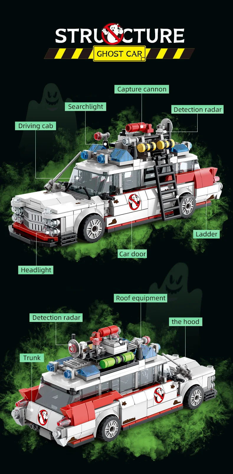 Mini Auto da Corsa Fantasma in Blocchi da Costruzione, 562 Pezzi, Modello MOC, Mattoncini per Auto, Giocattolo Fai-da-Te per Bambini e Adulti, Regalo di Halloween, Natale, Compleanno